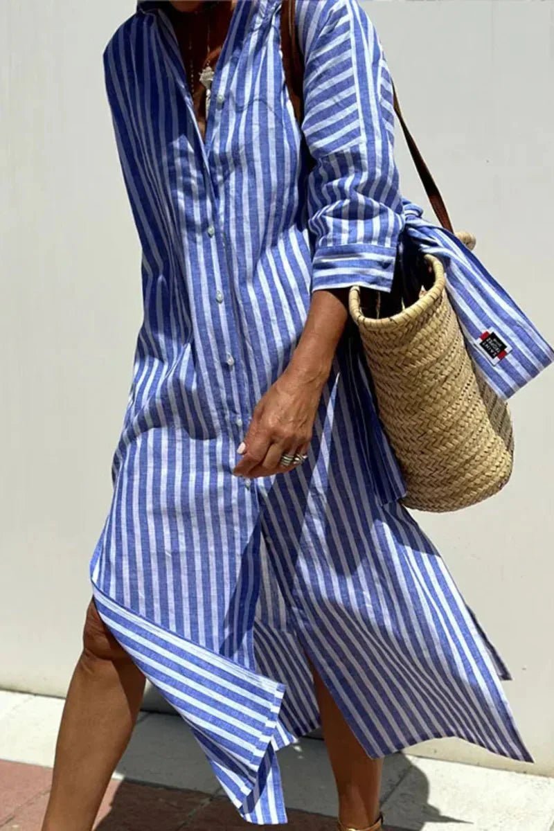 Adele – Elegant Striped Shirt Dress - Dresses - Flaro