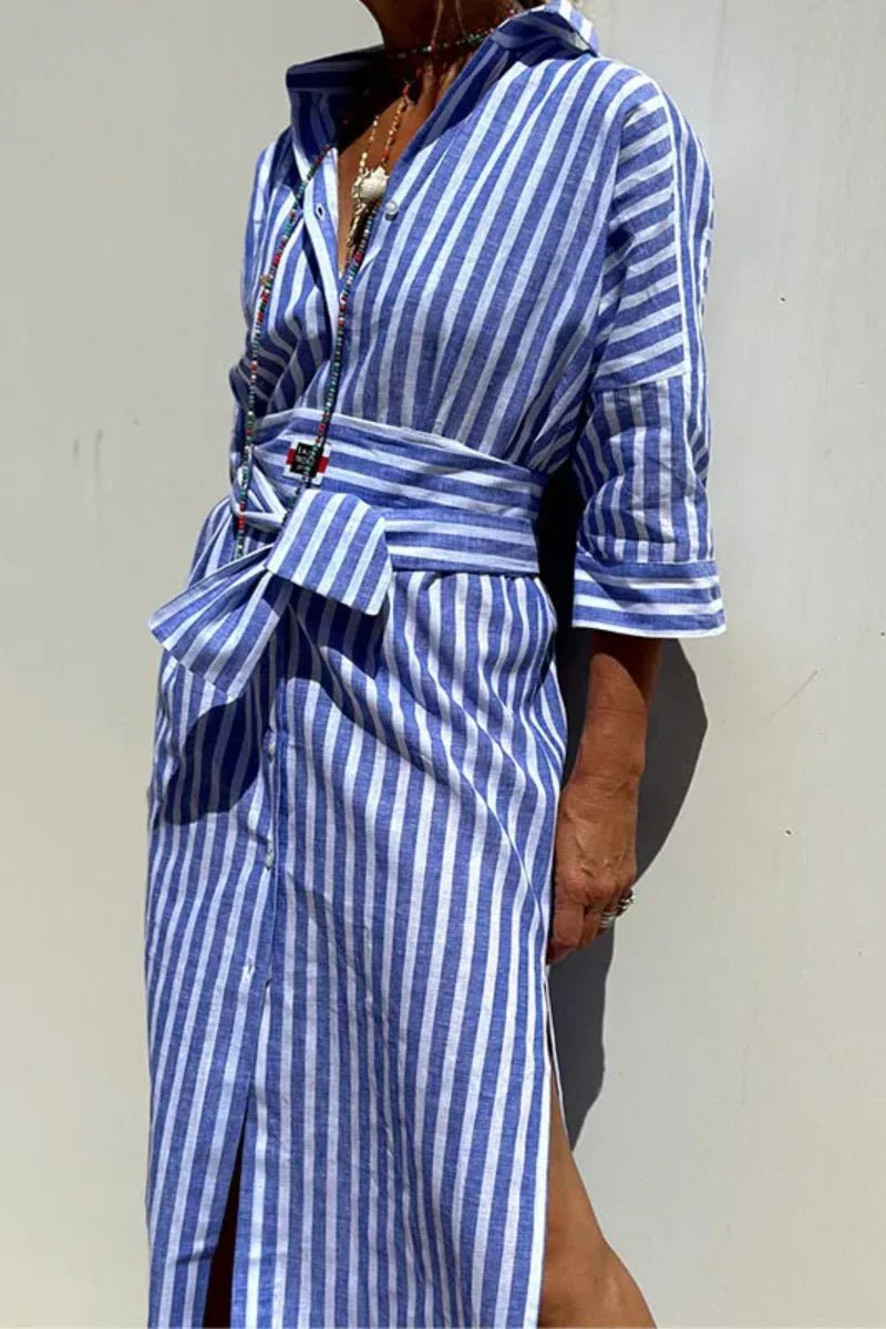 Adele – Elegant Striped Shirt Dress - Dresses - Flaro