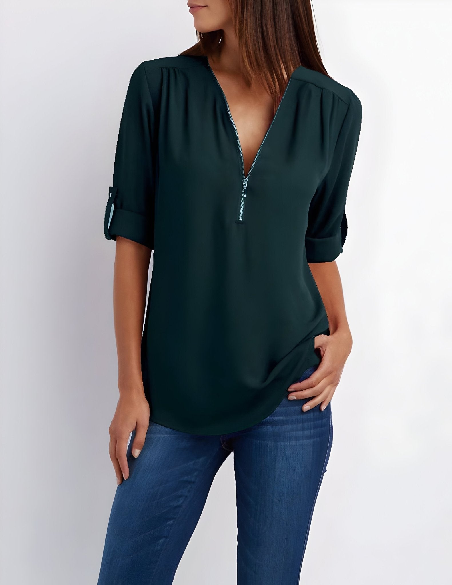 Amelie – Elegant Blouse with Half Zip - Blouse - Flaro