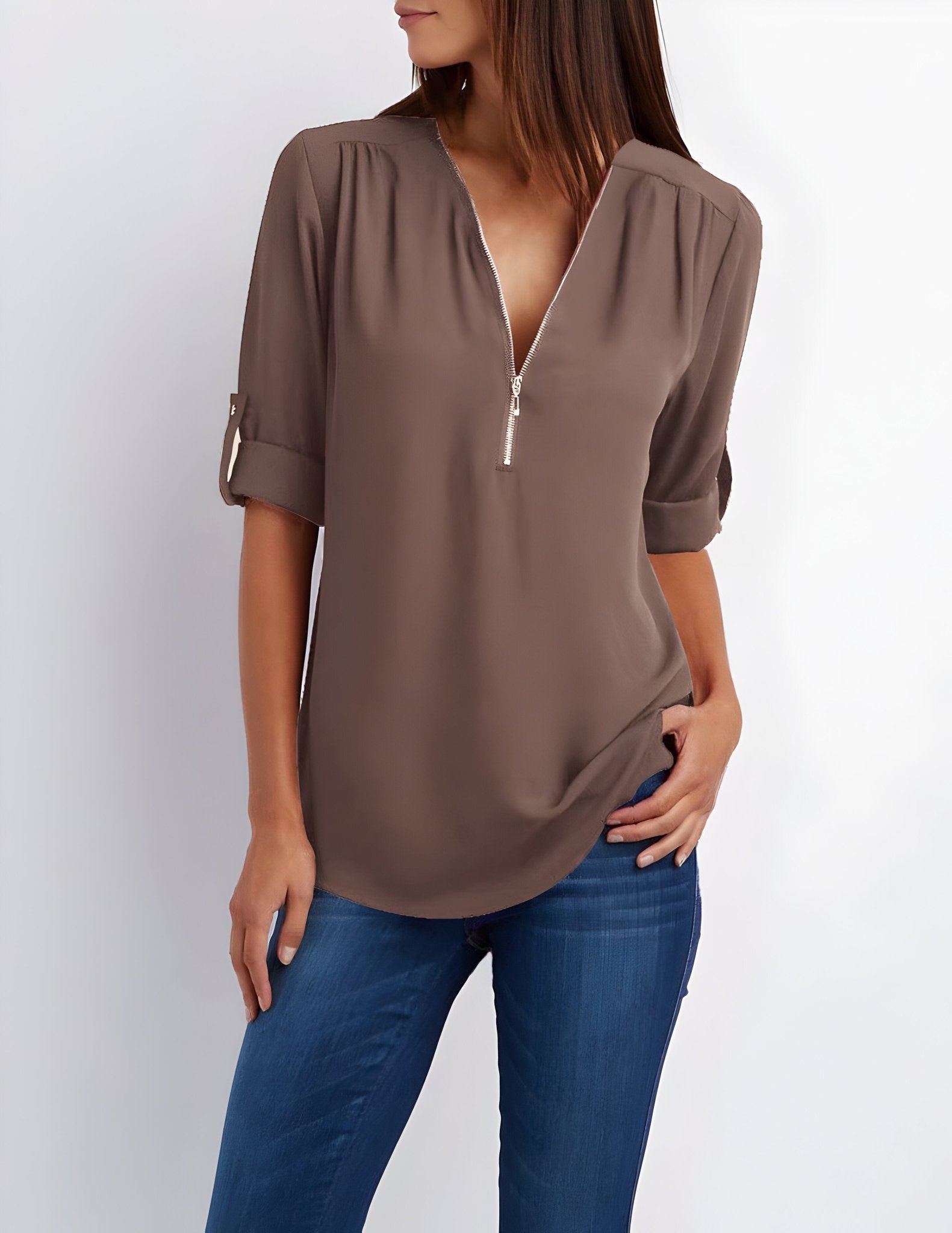 Amelie – Elegant Blouse with Half Zip - Blouse - Flaro