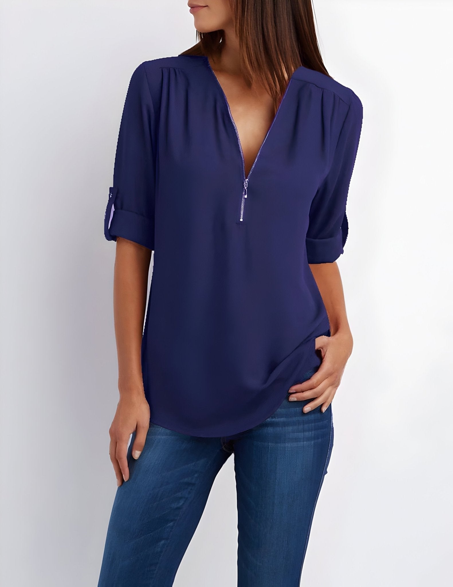 Amelie – Elegant Blouse with Half Zip - Blouse - Flaro
