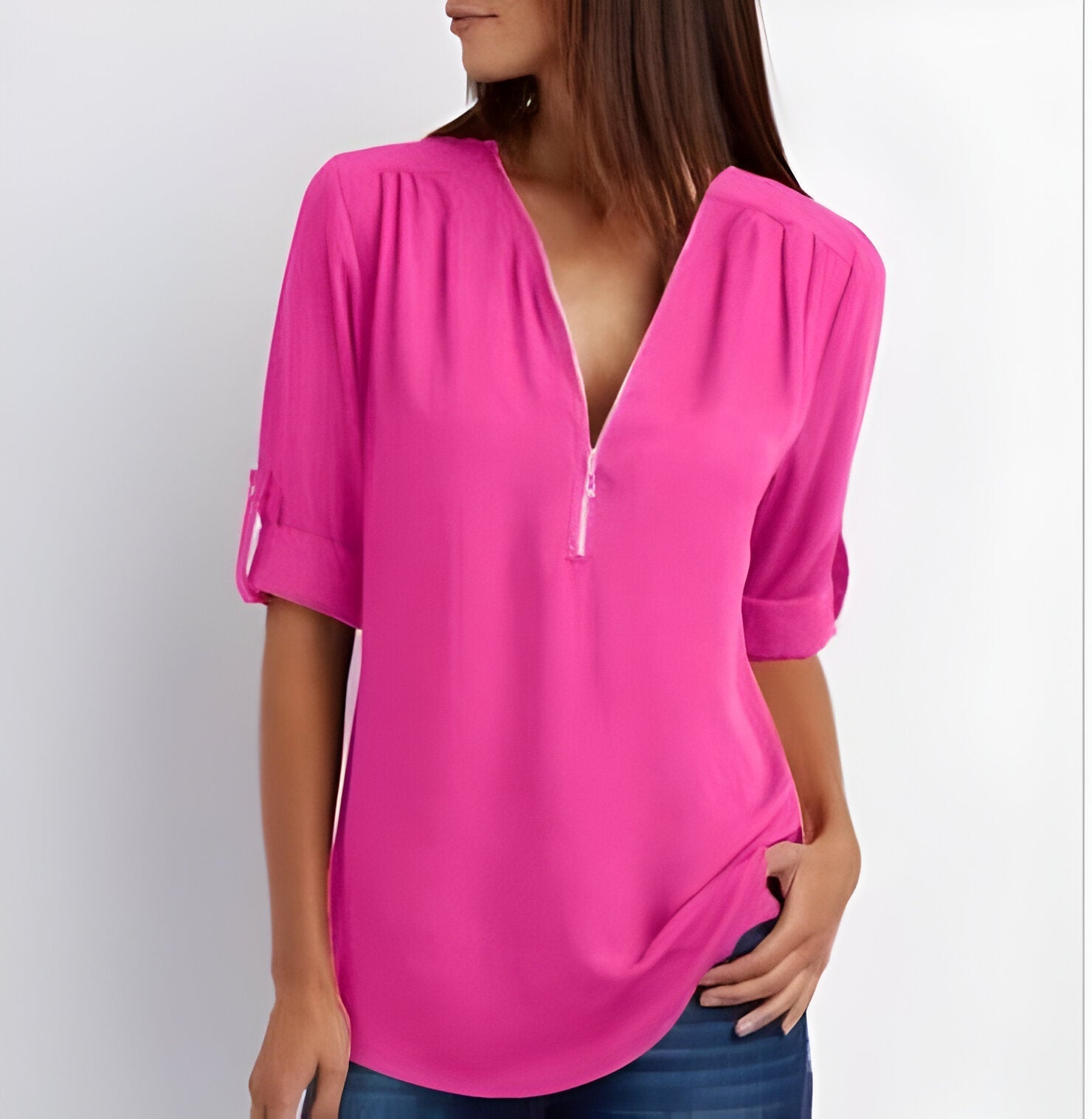 Amelie – Elegant Blouse with Half Zip - Blouse - Flaro