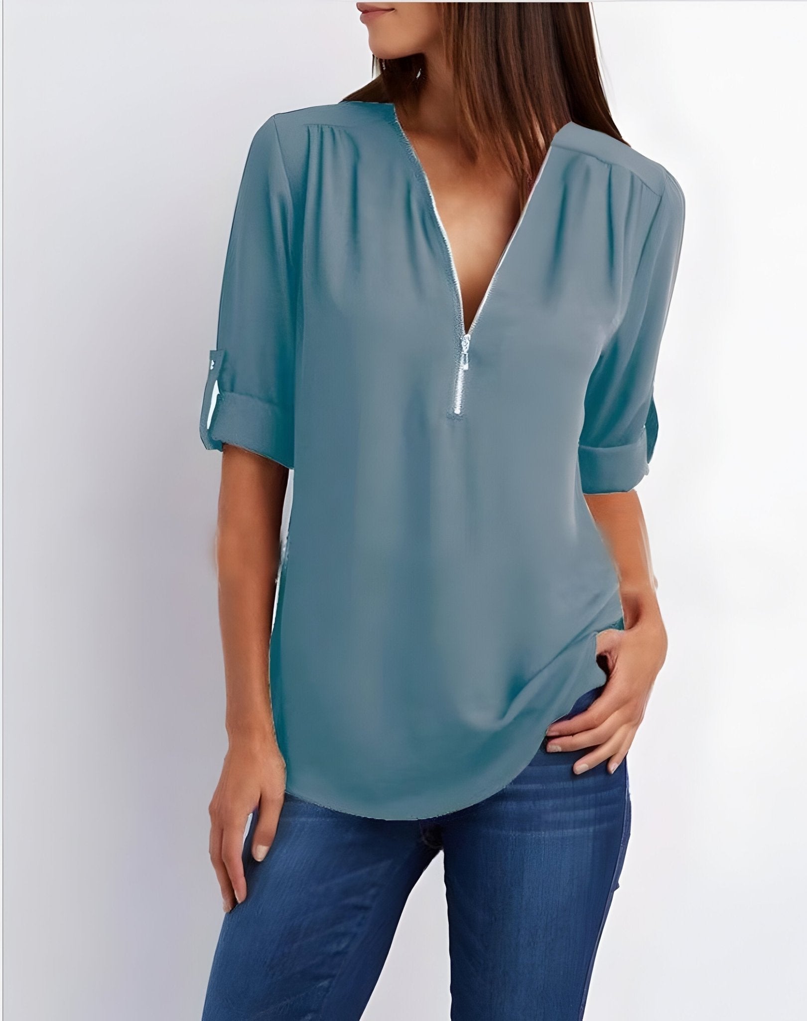 Amelie – Elegant Blouse with Half Zip - Blouse - Flaro