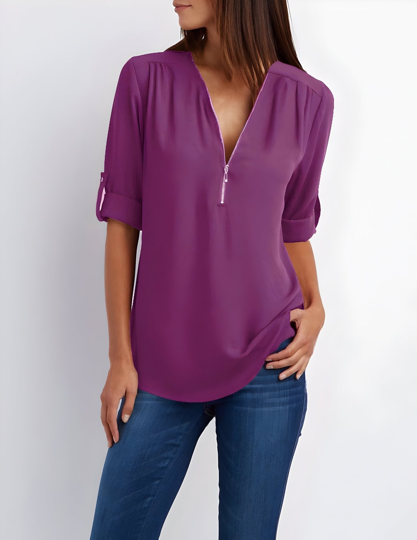 Amelie – Elegant Blouse with Half Zip - Blouse - Flaro