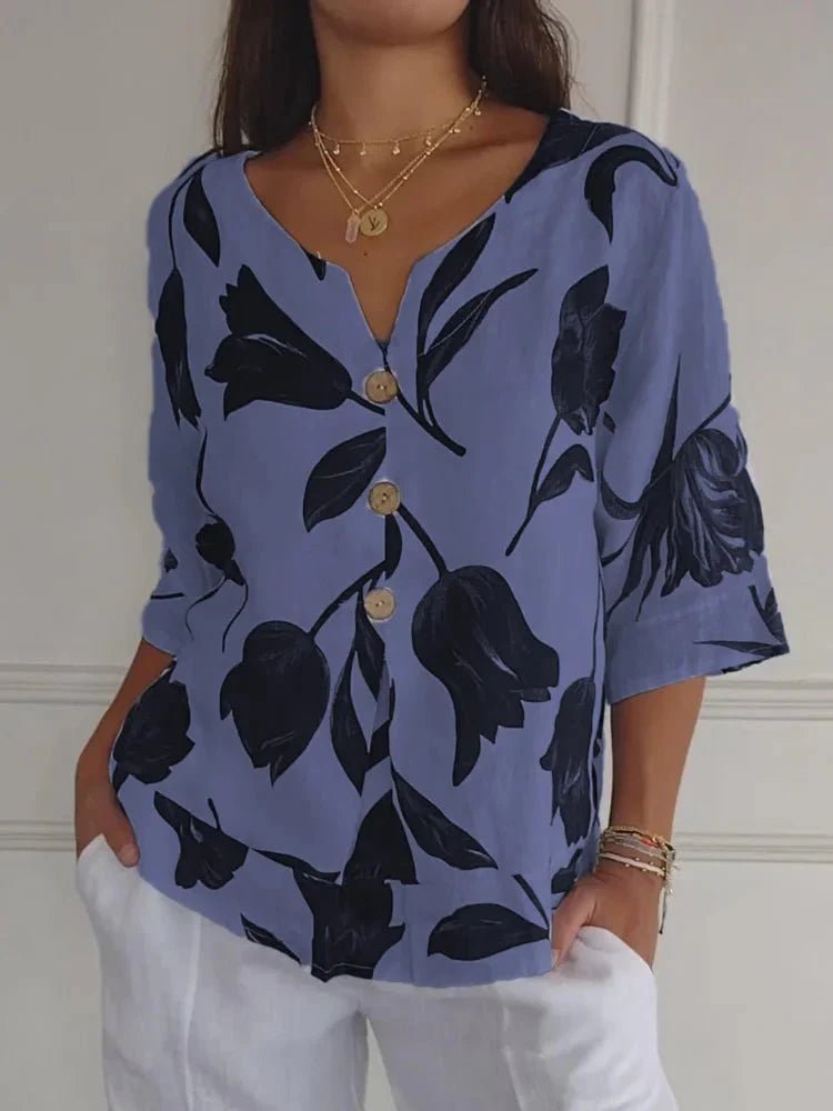 Brigitte – Floral Button Blouse - Blue - S