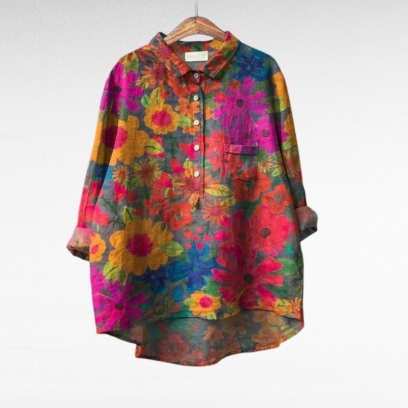 Dorothea – Elegant Vintage Floral Blouse - Magenta and Yellow - S