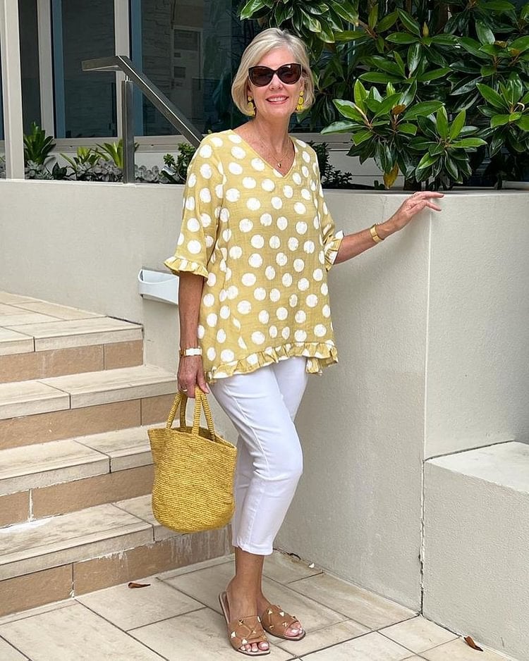 Else – Elegant V - Neck Print Top - Yellow - S