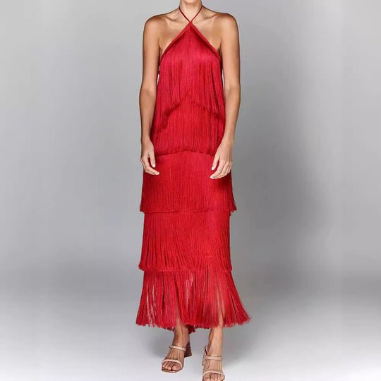Isabelle – Elegant Dress with Fringes & Flowing Fit - Red - S