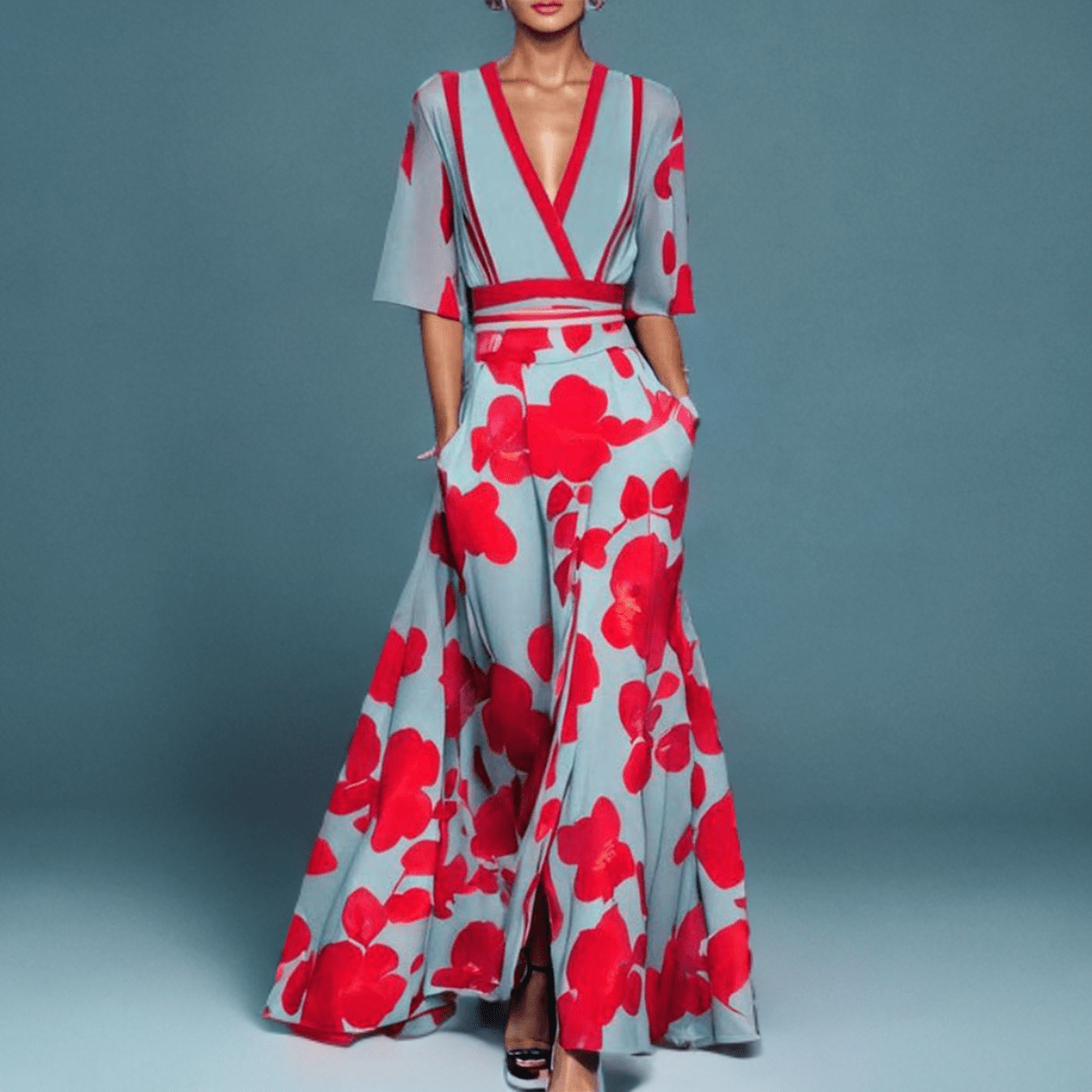Jasmine - Maxi Dress with Floral Pattern - Red - S