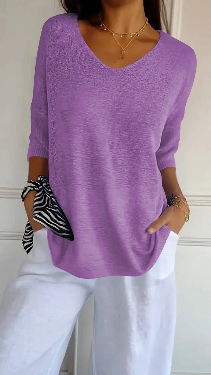 Juna – Elegant V - Neck Knitted Top - Tops - Flaro
