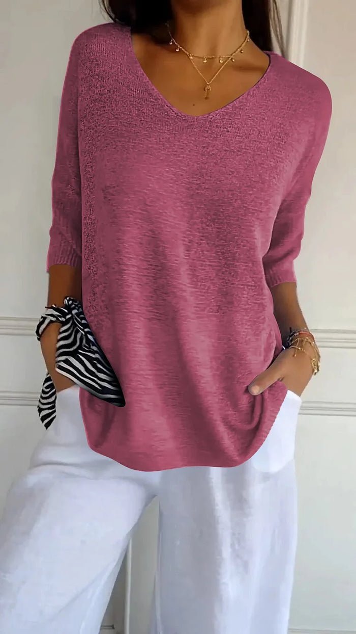 Juna – Elegant V - Neck Knitted Top - Tops - Flaro