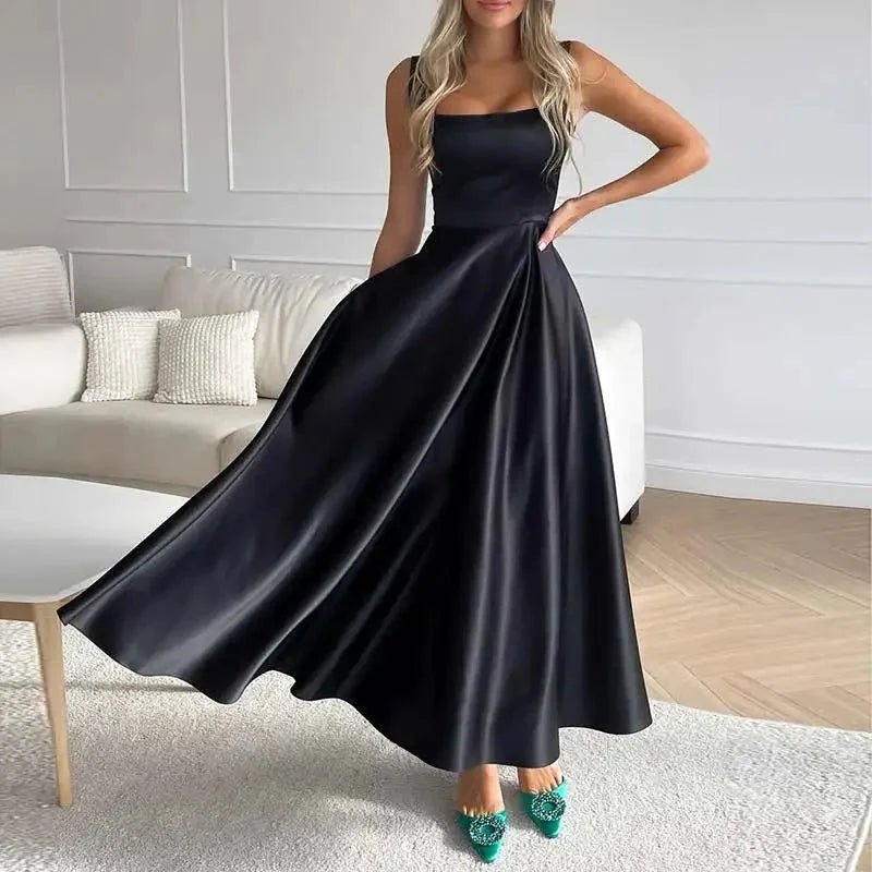 Laila Stylish Satin Midi Dress – Formal A - Line Fit with Spaghetti Straps - Black - Dress - Flaro