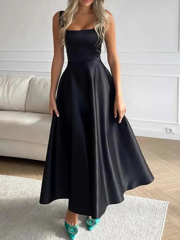 Laila Stylish Satin Midi Dress – Formal A - Line Fit with Spaghetti Straps - Black - Dress - Flaro