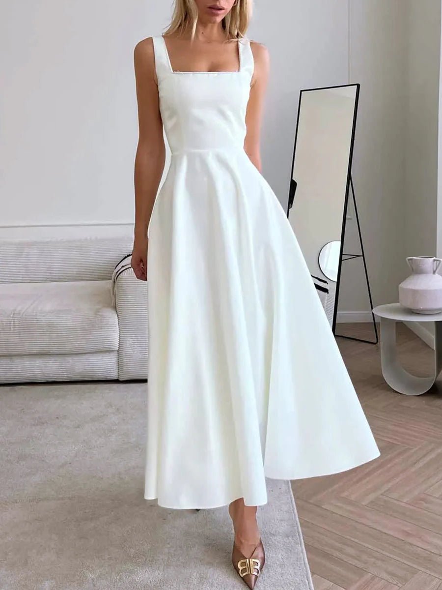 Laila Stylish Satin Midi Dress – Formal A - Line Fit with Spaghetti Straps - White - Dress - Flaro