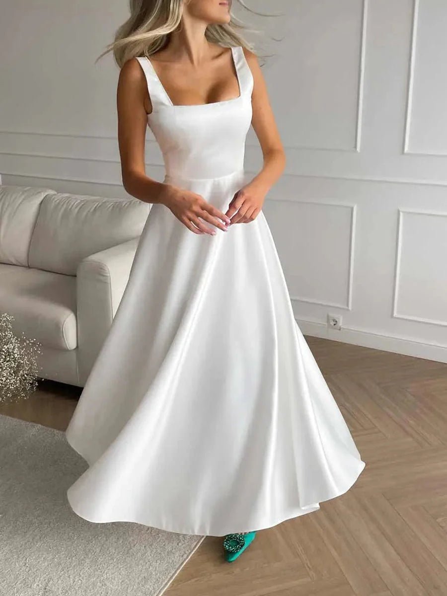 Laila Stylish Satin Midi Dress – Formal A - Line Fit with Spaghetti Straps - White - Dress - Flaro