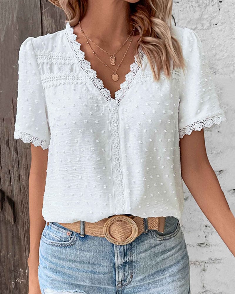 Leona – Elegant V - Neck Lace Blouse - Blouses & Shirts - Flaro