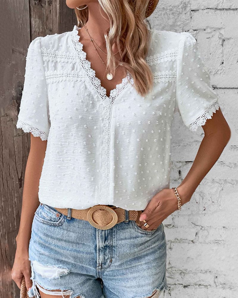 Leona – Elegant V - Neck Lace Blouse - Blouses & Shirts - Flaro