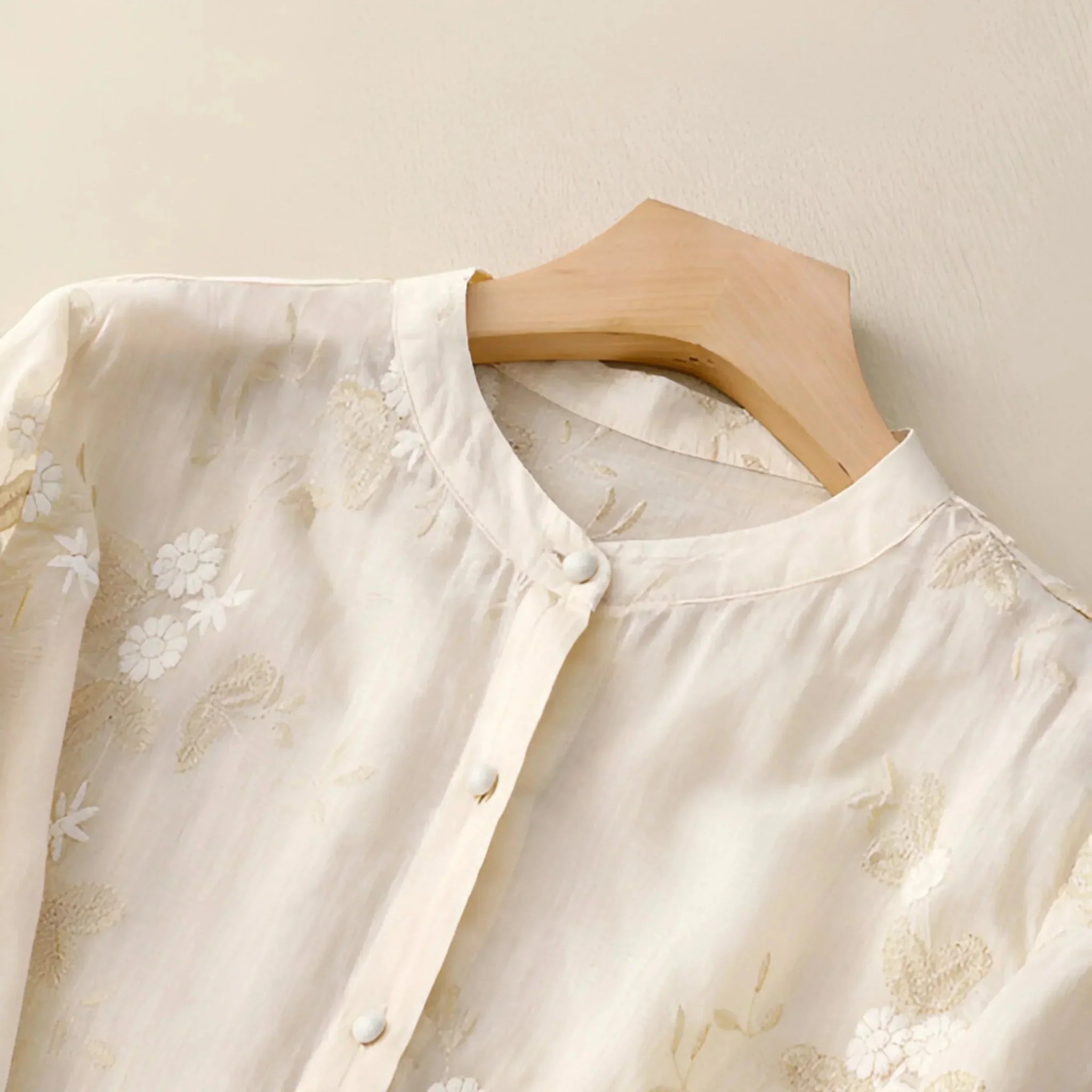 Marie – Elegant Floral Scarf Blouse - Beige - M