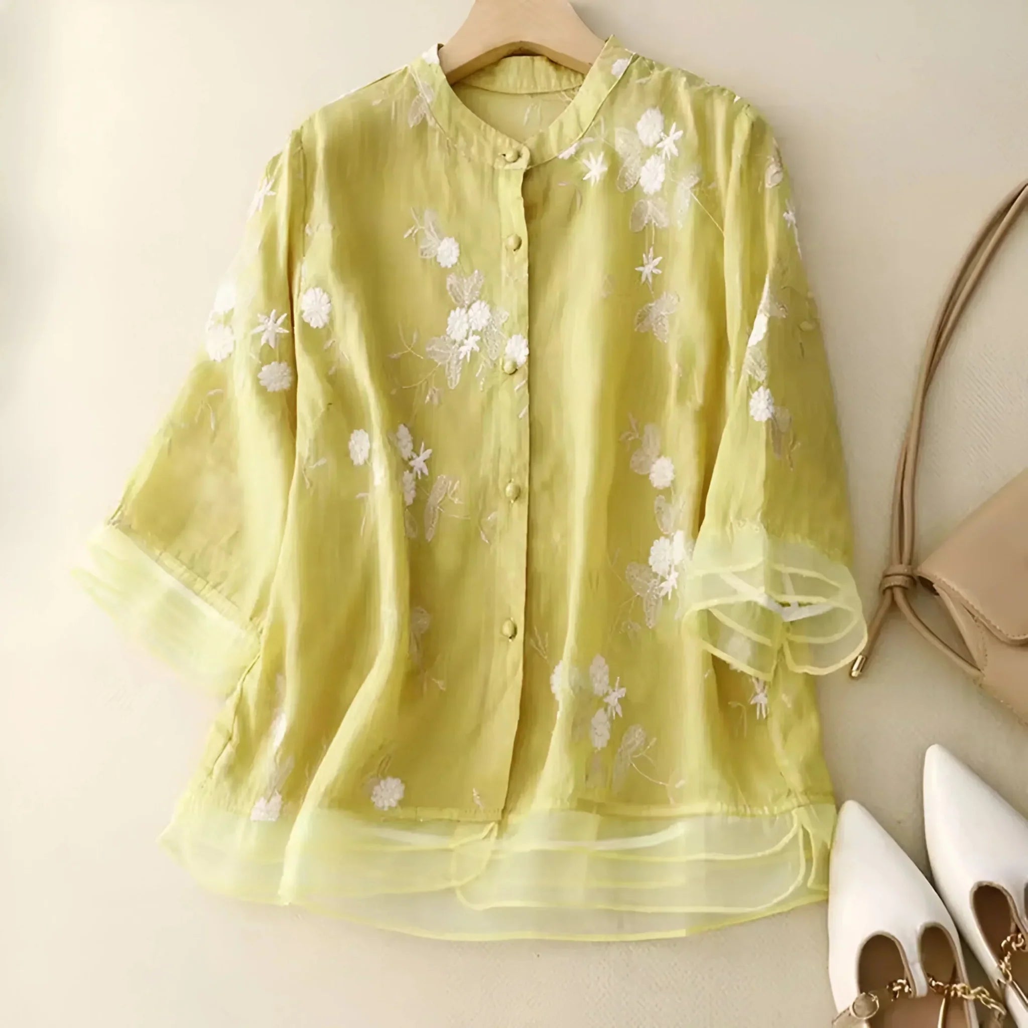Marie – Elegant Floral Scarf Blouse - Yellow - M