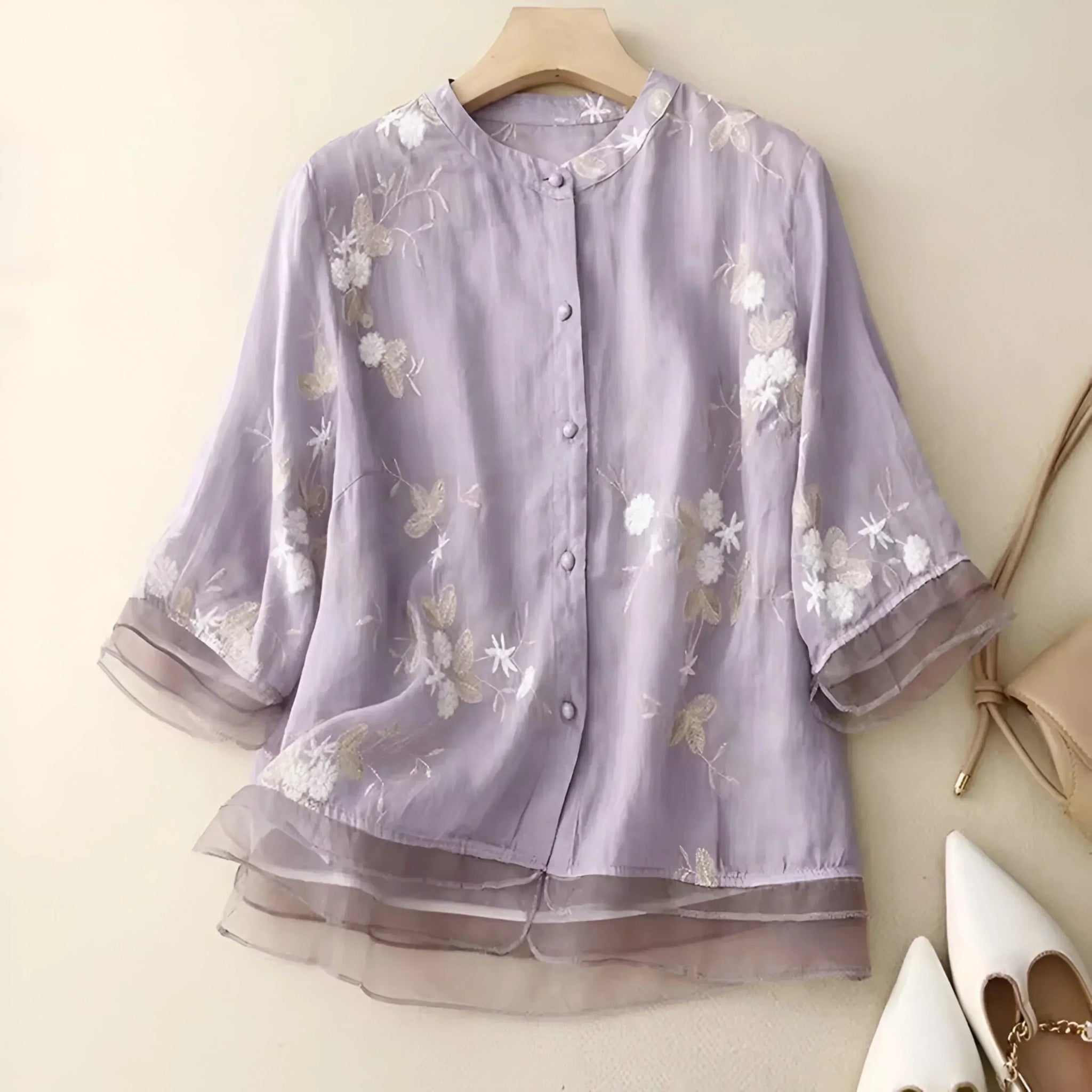 Marie – Elegant Floral Scarf Blouse - Beige - M