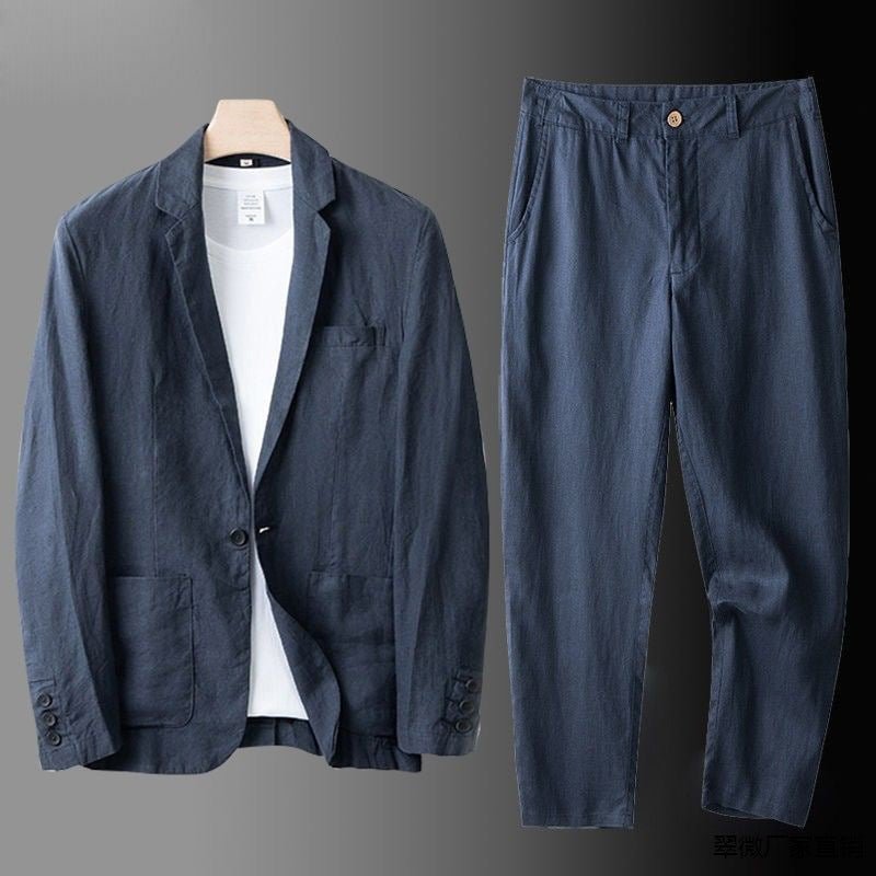 Noah – Elegant Linen Suit - Navy Blue - S