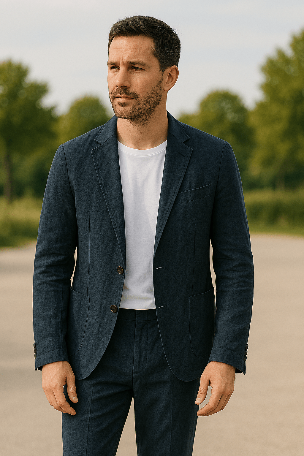 Noah – Elegant Linen Suit - Navy Blue - S