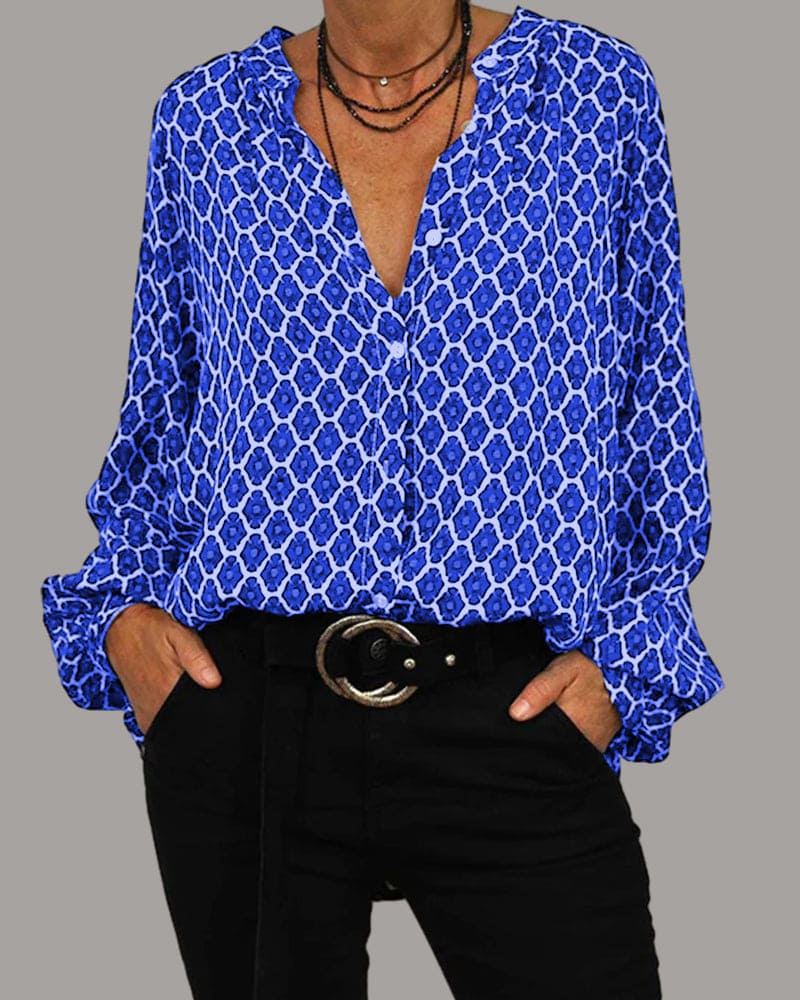 Paulina – Elegant Blouse with V - Neck - Blue - XS