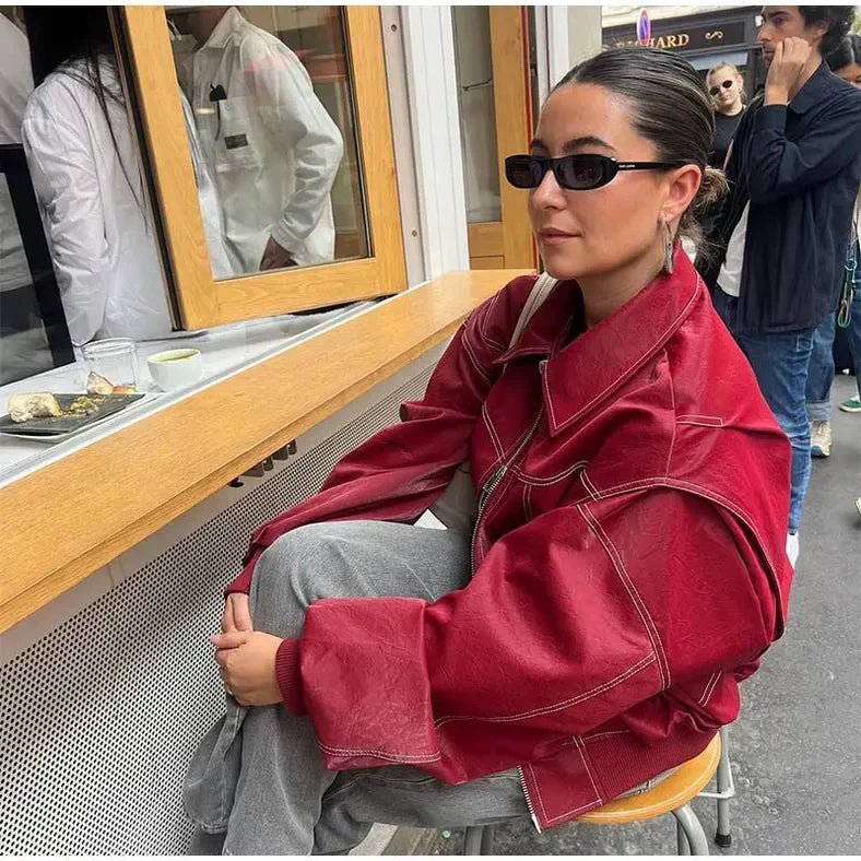 Romy – Oversized Leather Bomber Jacket - Red - S