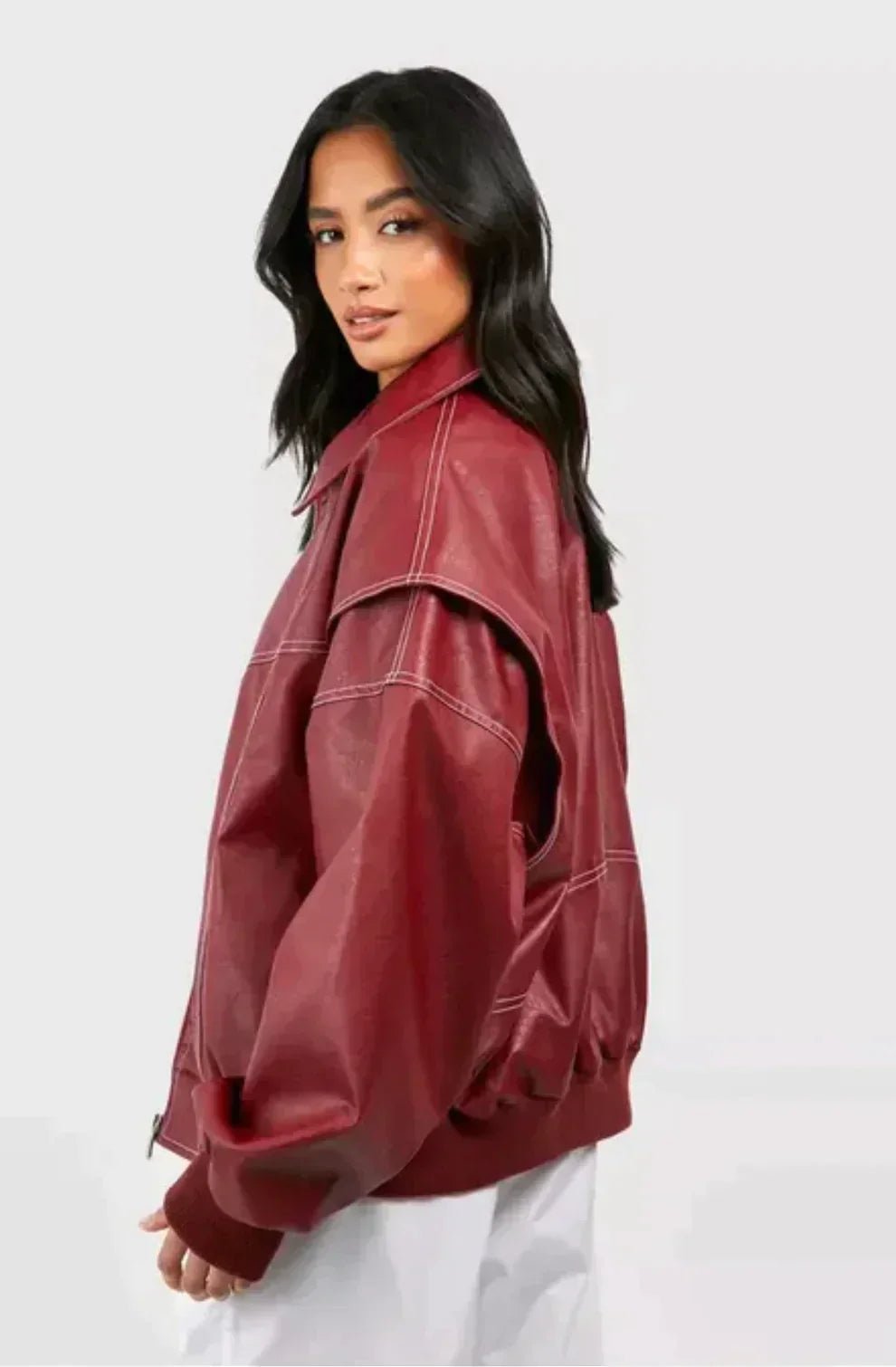 Romy – Oversized Leather Bomber Jacket - Red - S
