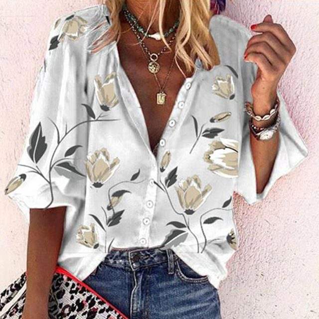 Sarah – Elegant Blouse with Floral Design & Comfort - White - S
