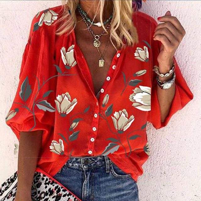 Sarah – Elegant Blouse with Floral Design & Comfort - Red - S