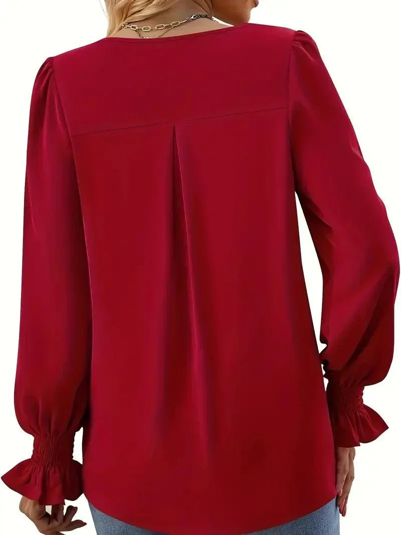 Yvonne – Elegant V - Neck Blouse - Burgundy - S