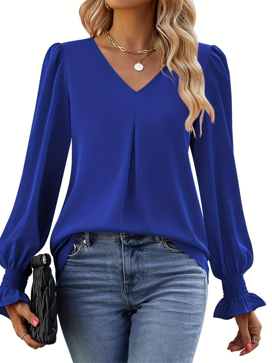 Yvonne – Elegant V - Neck Blouse - Blue - S