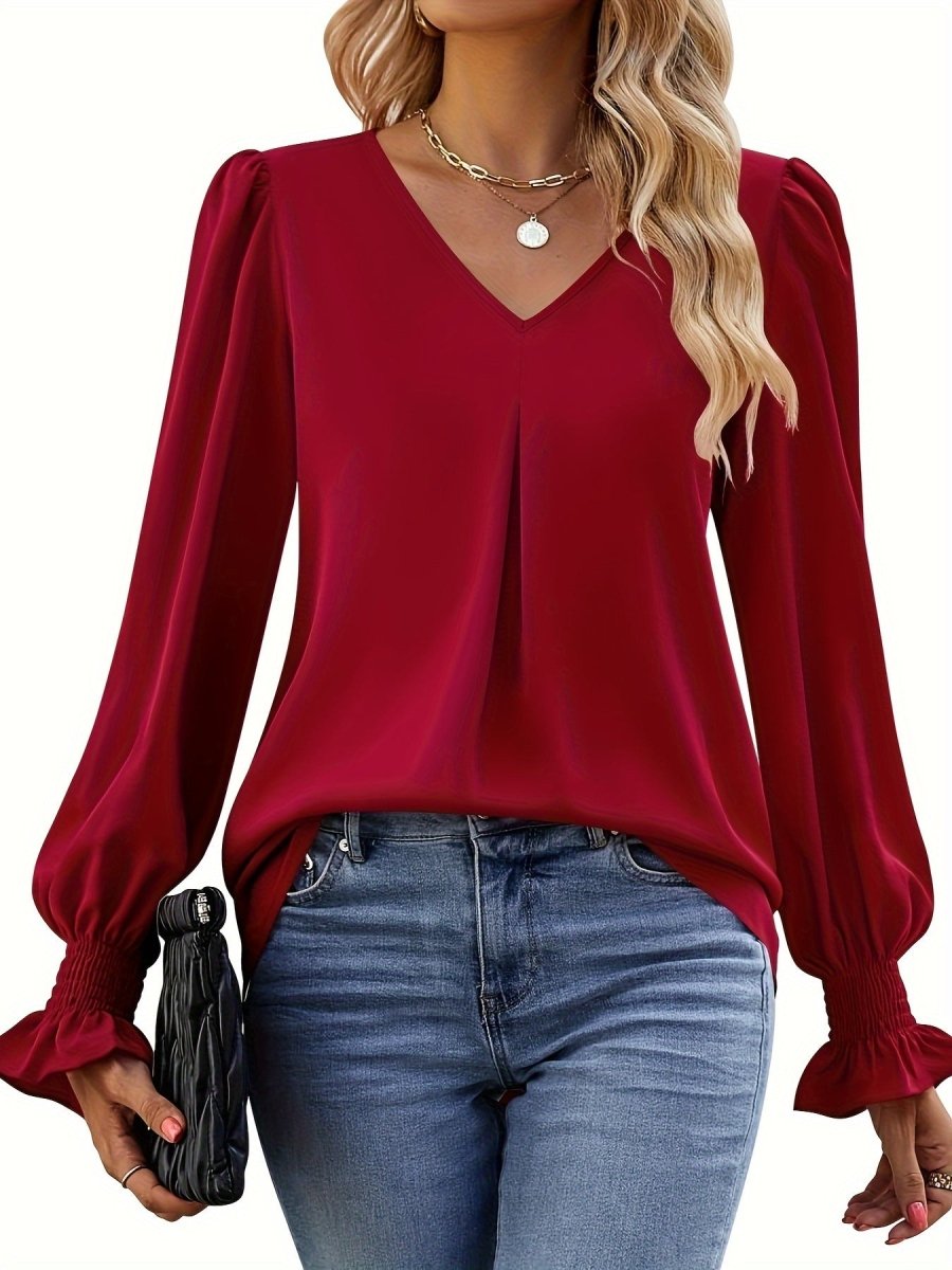Yvonne – Elegant V - Neck Blouse - Burgundy - S
