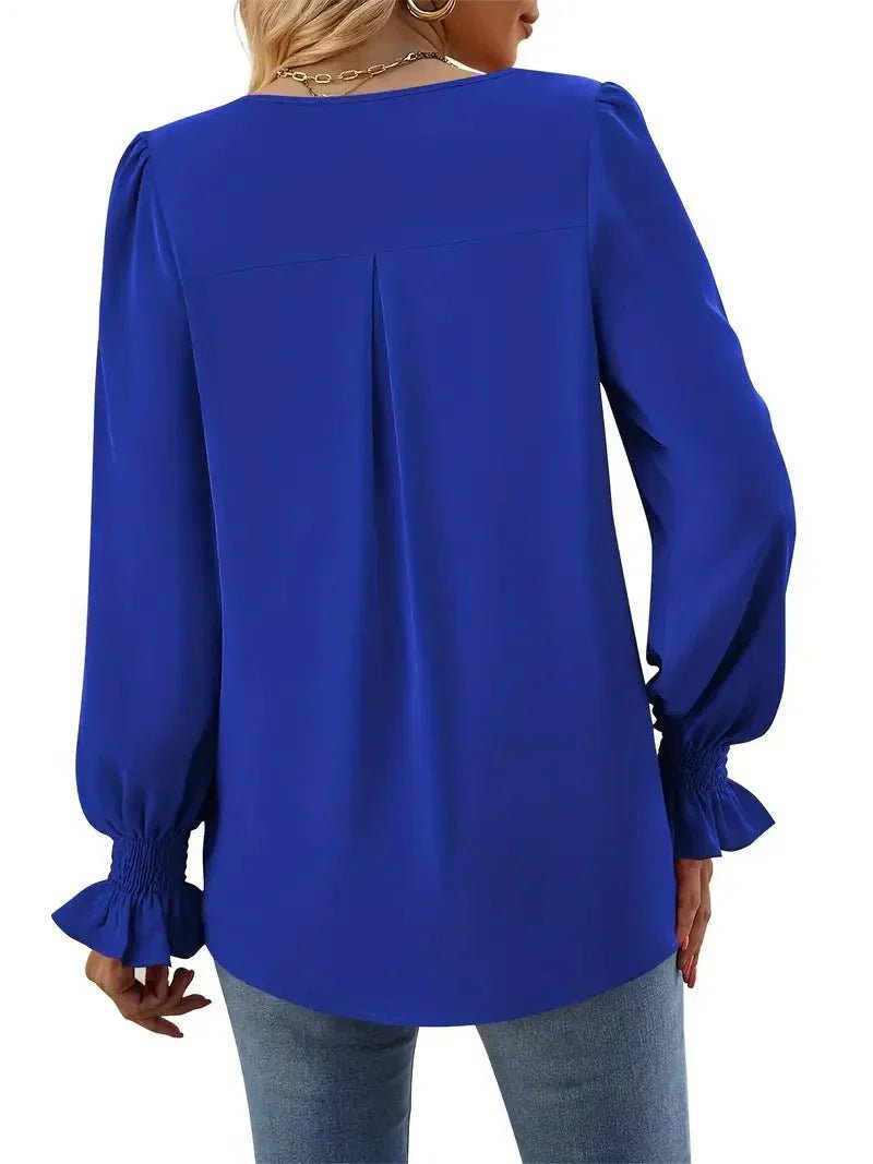 Yvonne – Elegant V - Neck Blouse - Blue - S