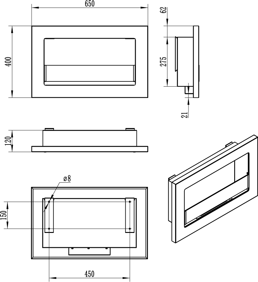 Biofireplace hanging with glass 650x400 Slim black structural matte