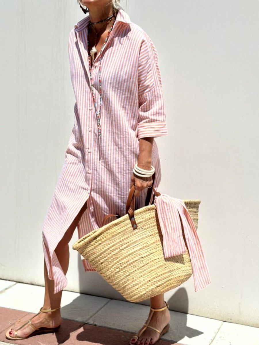 Adele – Elegant Striped Shirt Dress - Pink - S