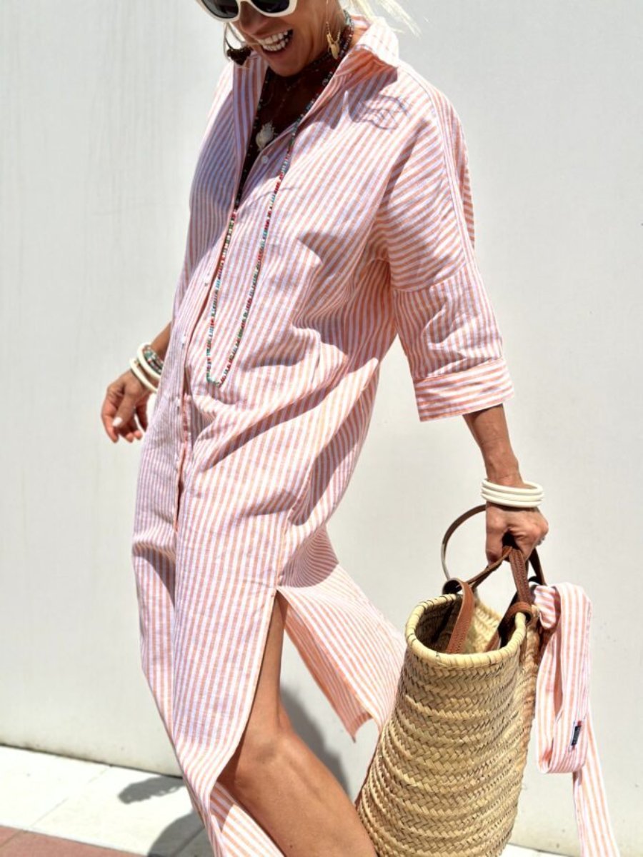 Adele – Elegant Striped Shirt Dress - Pink - S