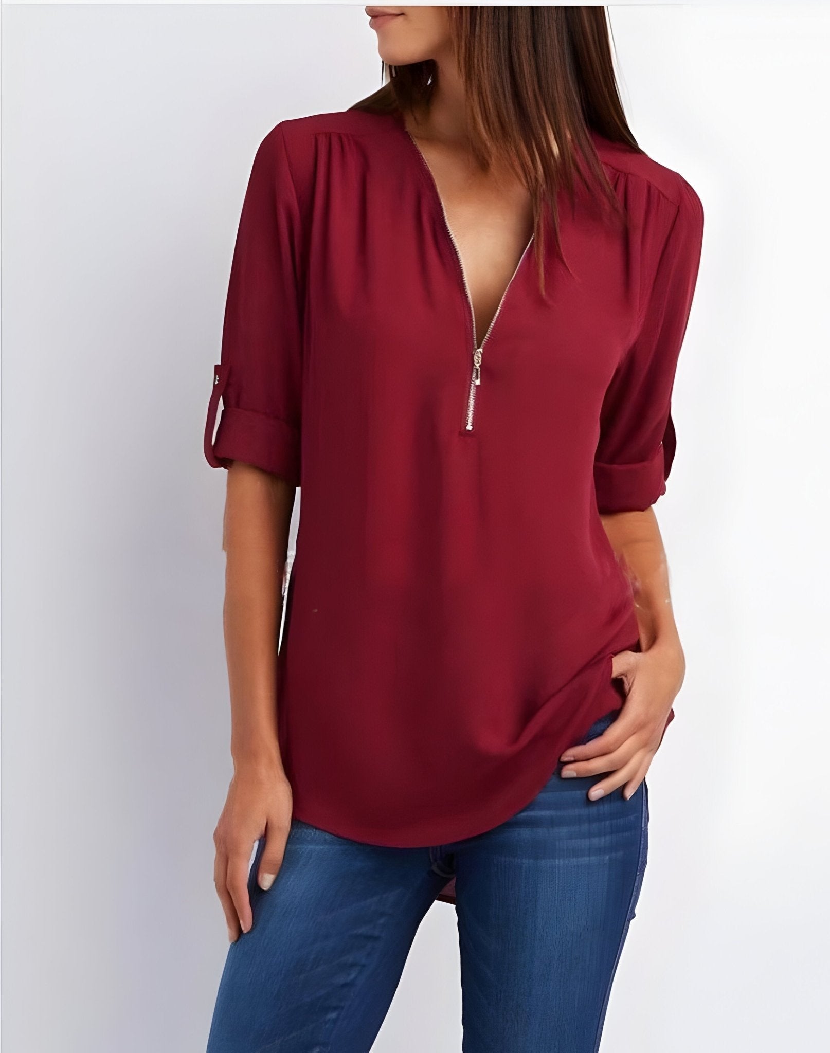 Amelie – Elegant Blouse with Half Zip - Blouse - Flaro