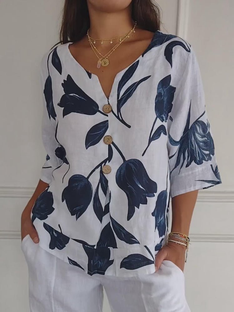 Brigitte – Floral Button Blouse - White - S
