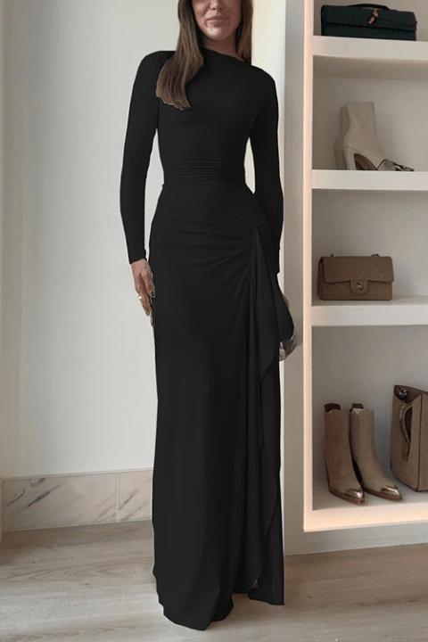 Carina - Long - Sleeved Draped Maxi Dress - Black - XS