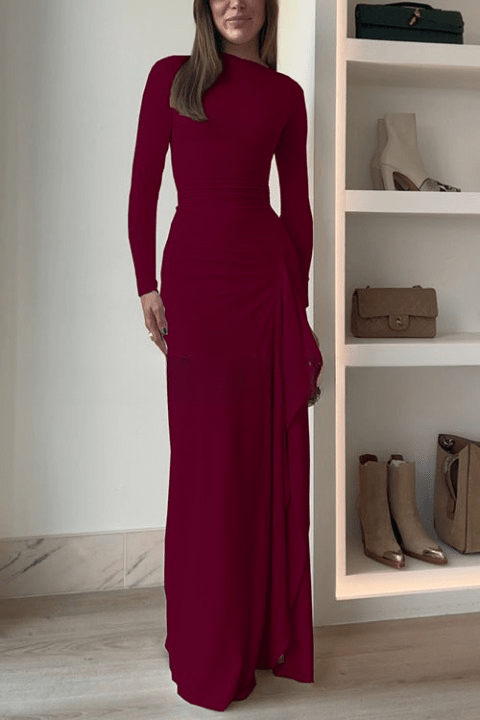 Carina - Long - Sleeved Draped Maxi Dress - Burgundy - XS