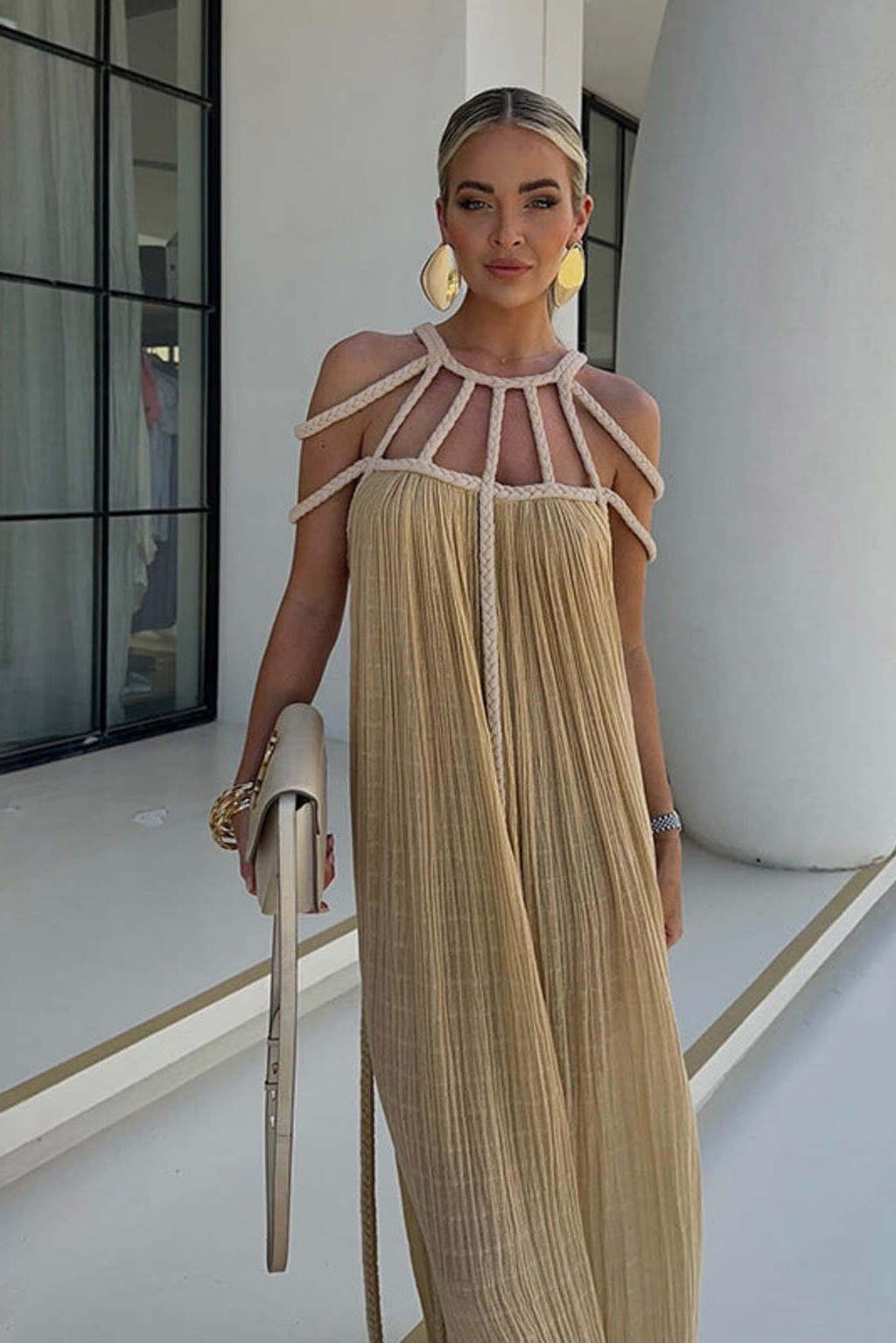 Clara – Stylish Maxi Dress - Khaki with light straps - One size (34 - 46)