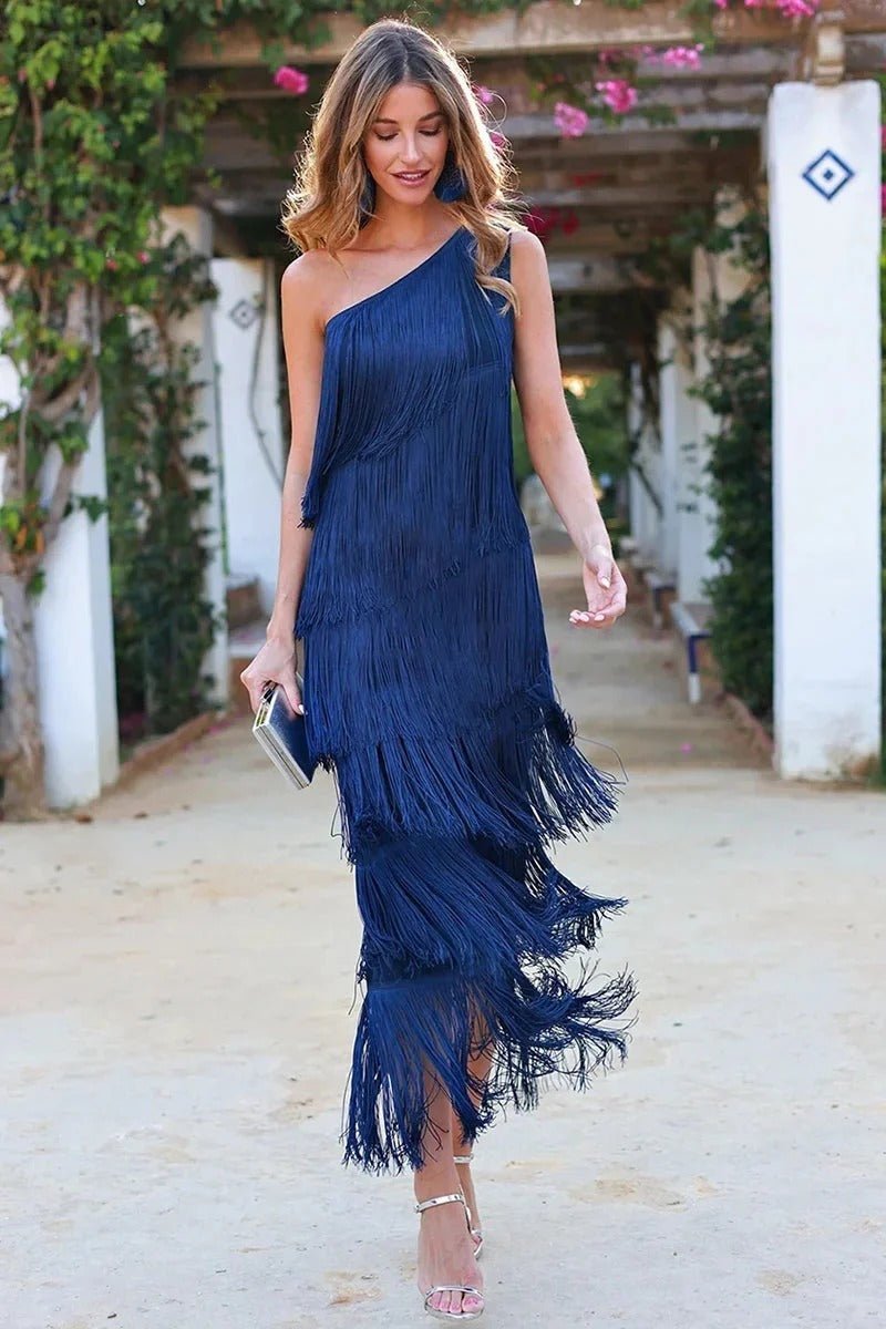 Elina – Elegant Fringe Dress - Blue - S