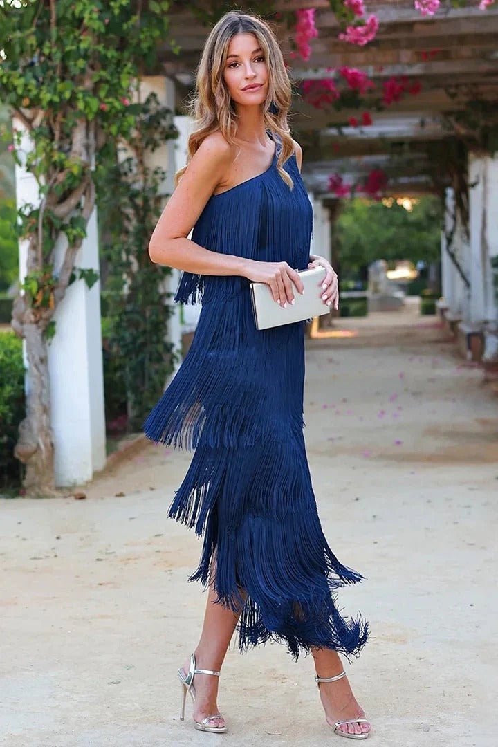 Elina – Elegant Fringe Dress - Blue - S
