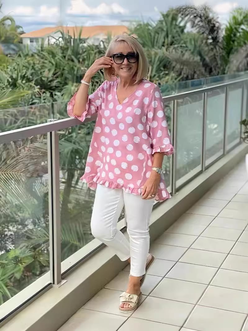 Else – Elegant V - Neck Print Top - Pink - S