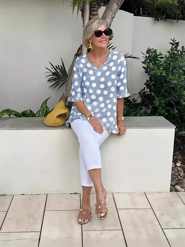 Else – Elegant V - Neck Print Top - Blue - S