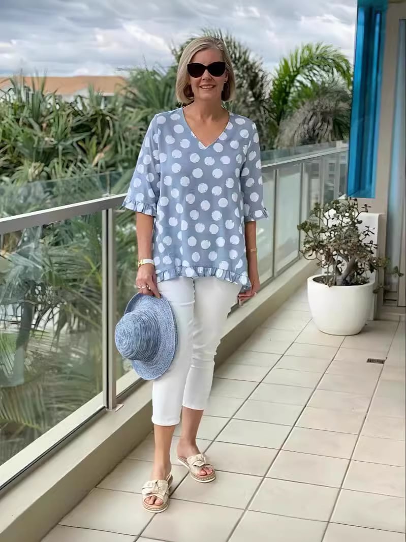 Else – Elegant V - Neck Print Top - Blue - S