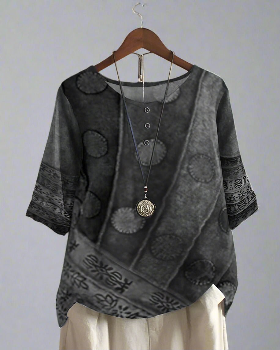 Greta - Oversized Half - Sleeve Top with Vintage Print - Grey - S