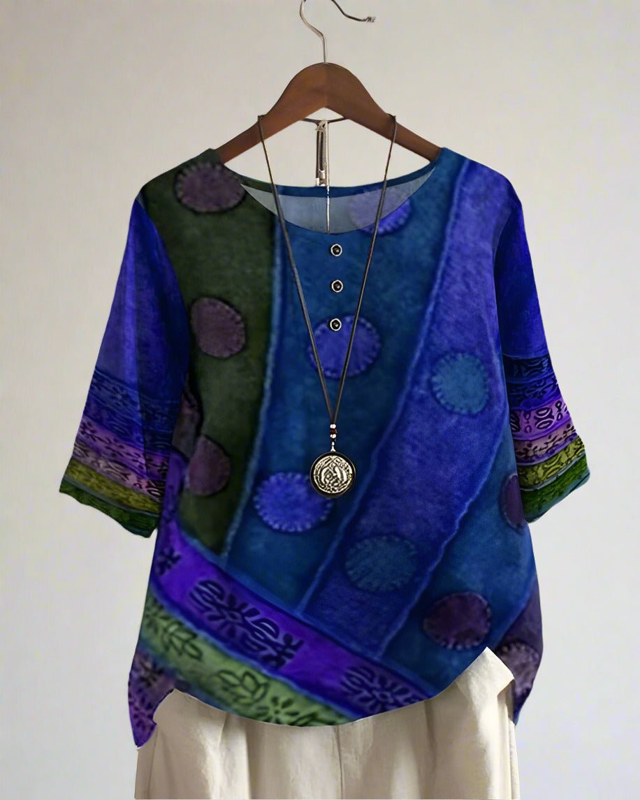 Greta - Oversized Half - Sleeve Top with Vintage Print - Blue - S